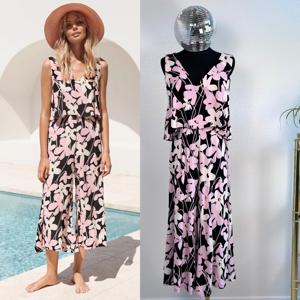 Mister Zimi Clover Jumpsuit, Small / AU Size 8, Black‎ and Pink Floral Wide Leg